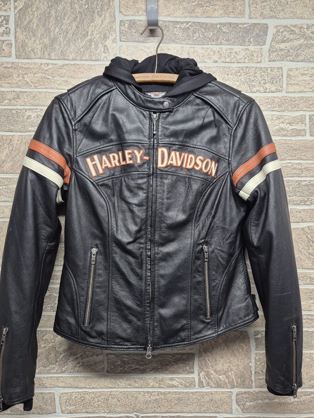 Harley-Davidson Black Leather Bomber Jacket with Orange & Cream Stripes Size M